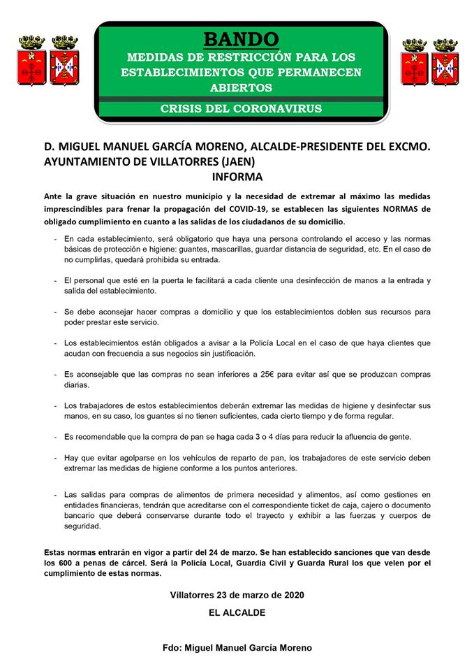 Bando sobre medidas de restricción por Coronavirus a establecimientos