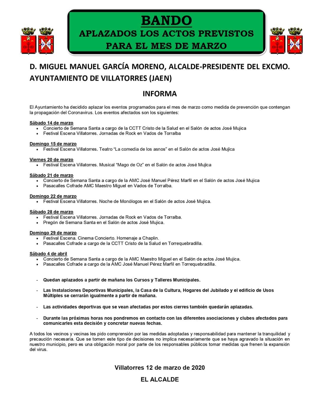 Actos aplazados por el Ayuntamiento