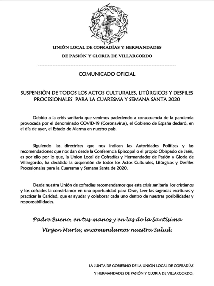 Suspensión Actos de Cuaresma y Semana Santa 2020