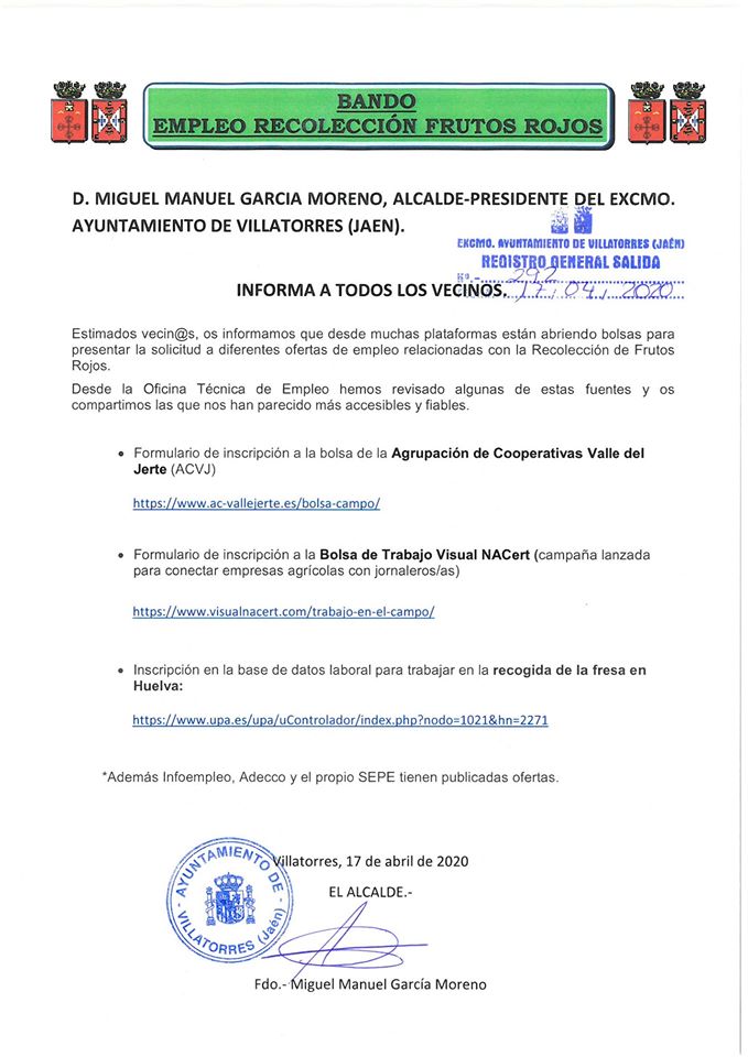 Bando sobre Empleo Recolección de frutos rojos
