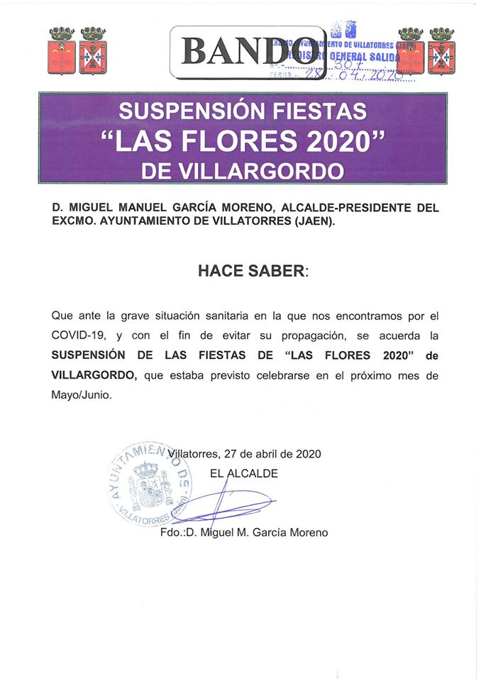 Bando sobre Suspensión Fiesta las Flores 2020