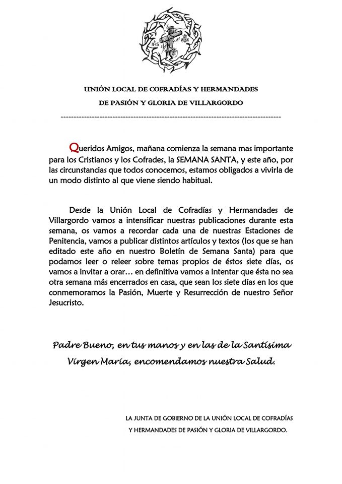 Comunicado Unión Local de Cofradías y Hermandades de Pasión y Gloria