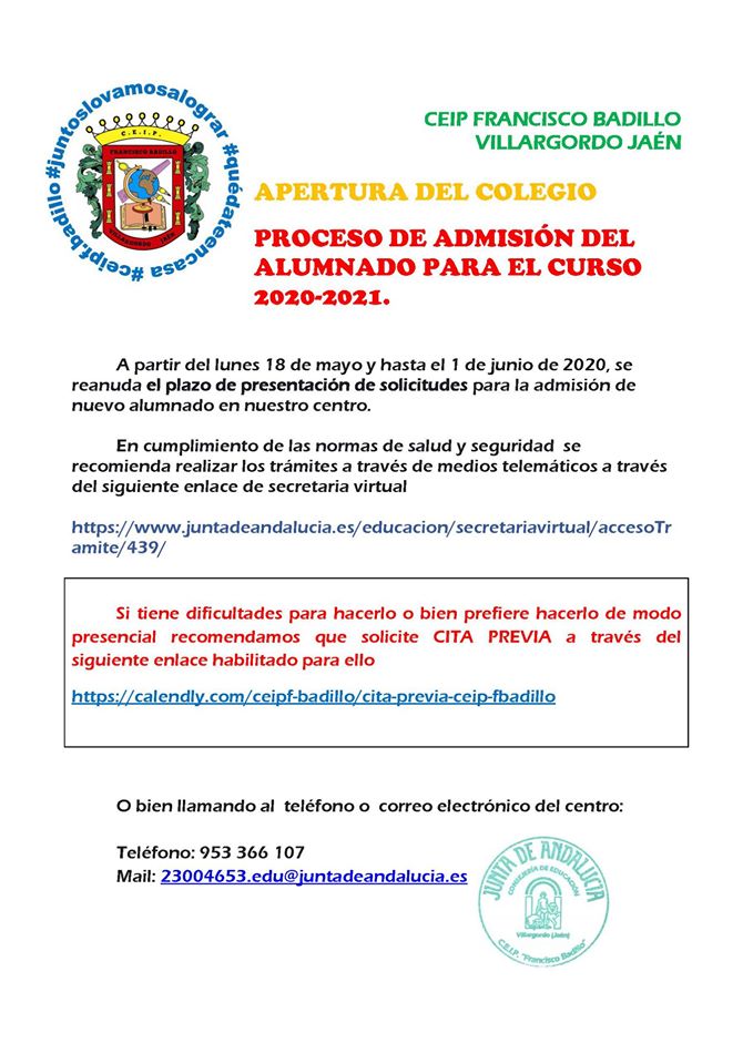 Abierto plazo de presentación de solicitudes para admisión de nuevo alumnado en CEIP Francisco B