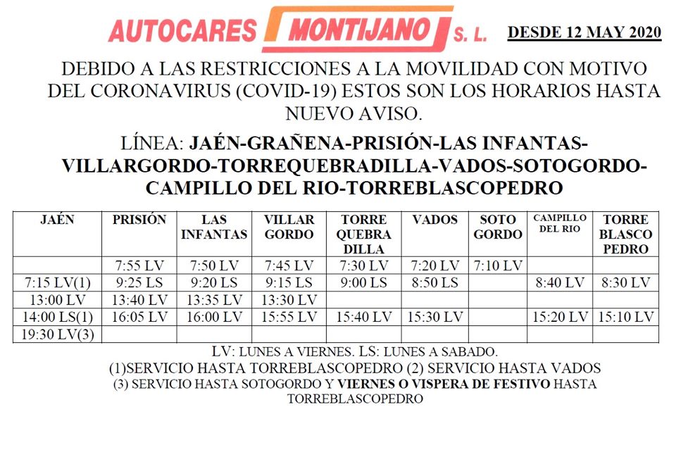 Horario Autocares Montijano a partir del 12 de mayo