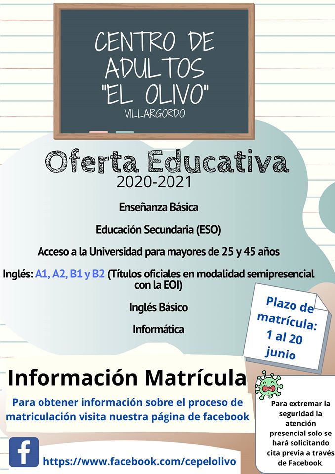 Abierto plazo de matriculación  para el curso 2020/21 en el Centro de Adultos El Olivo