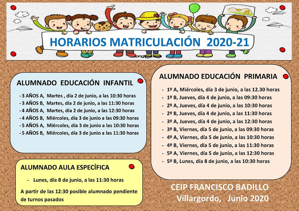 Abierto el plazo de matriculación en el curso 2020/21 en el CEIP Francisco Badillo