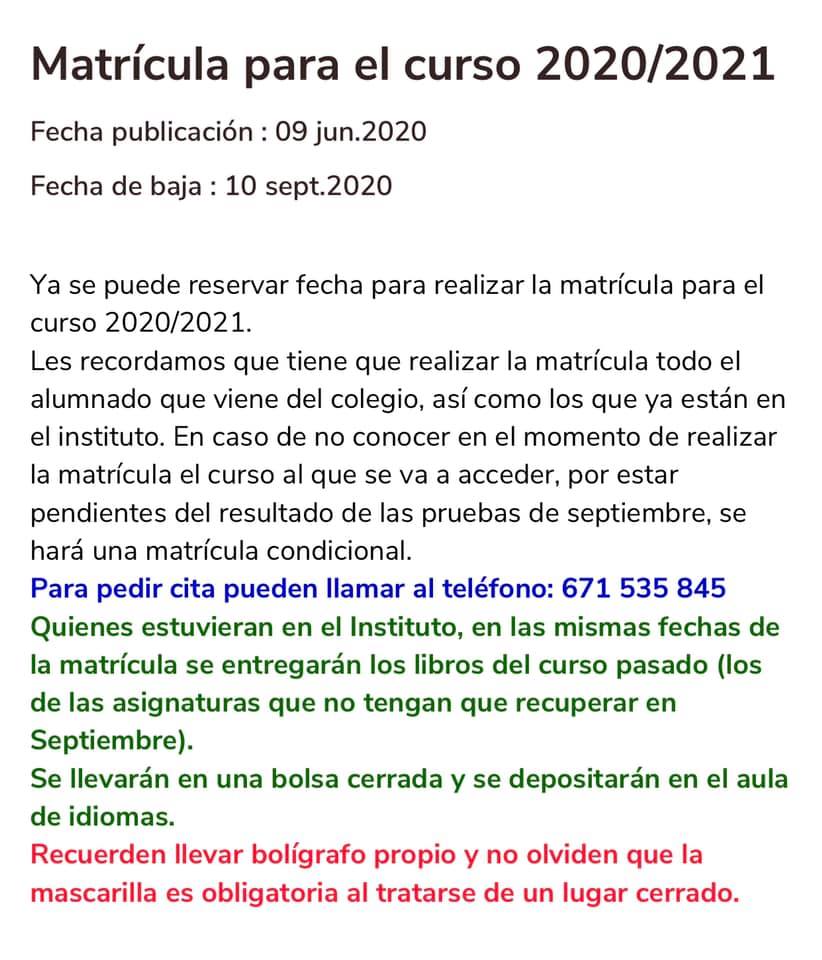 Matrícula para el curso 2020-21 en el IES Llano de la Viña