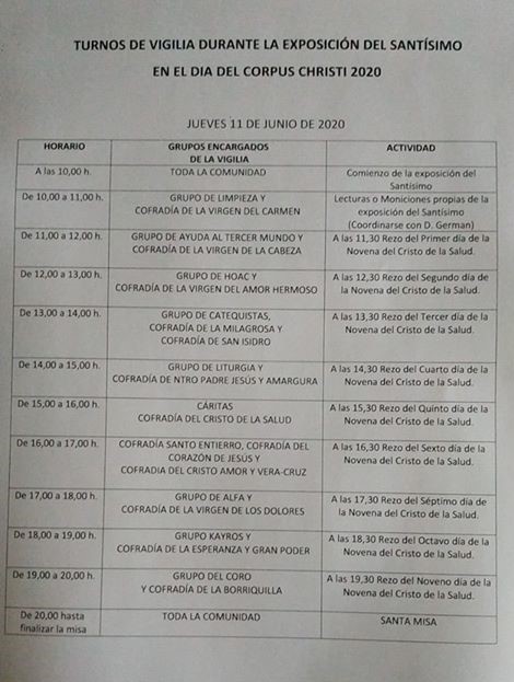 Turnos de Vigilia durante la Exposición del Santísimo en el Día del Corpus Christi