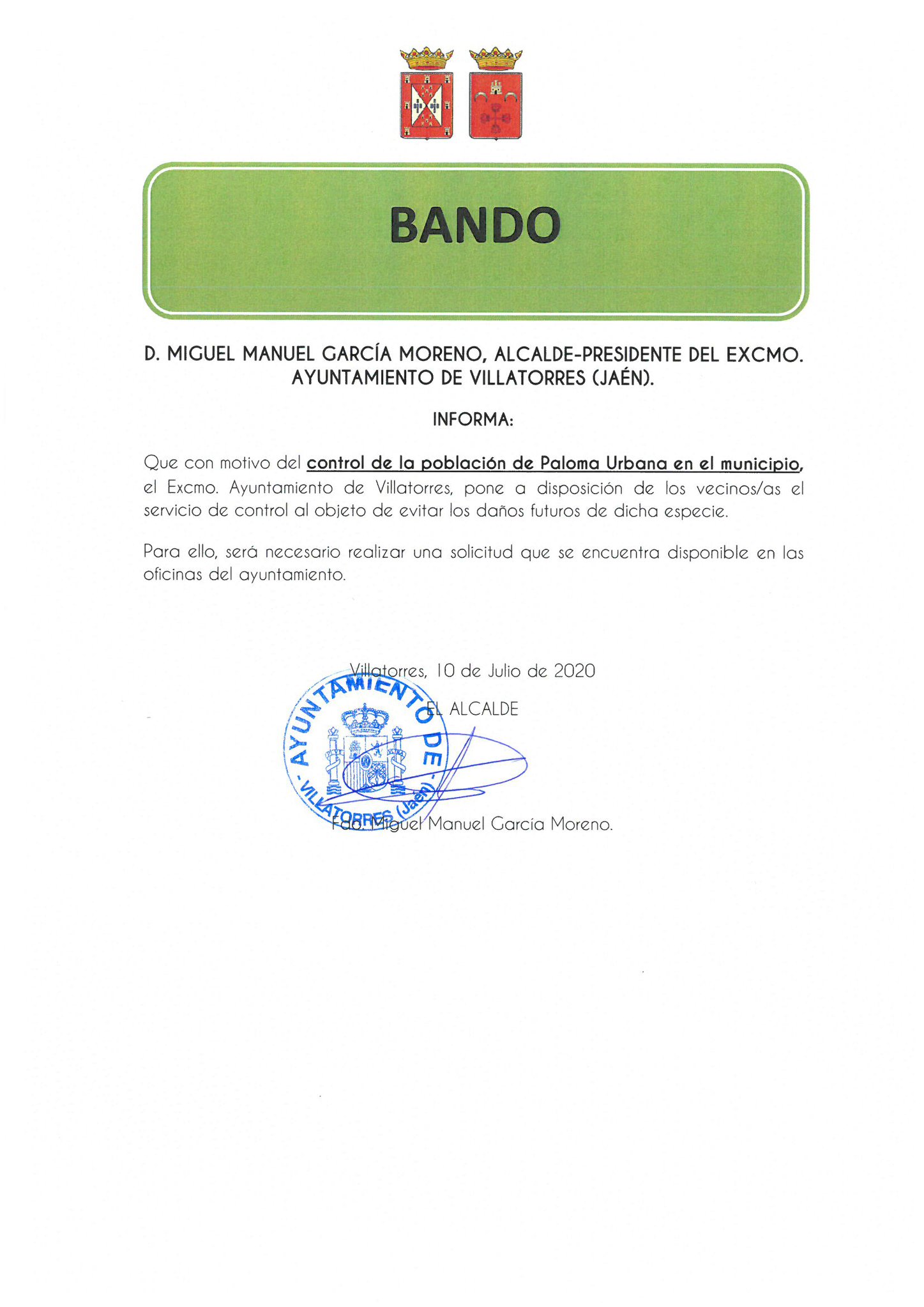Bando sobre el control de población de la paloma urbana
