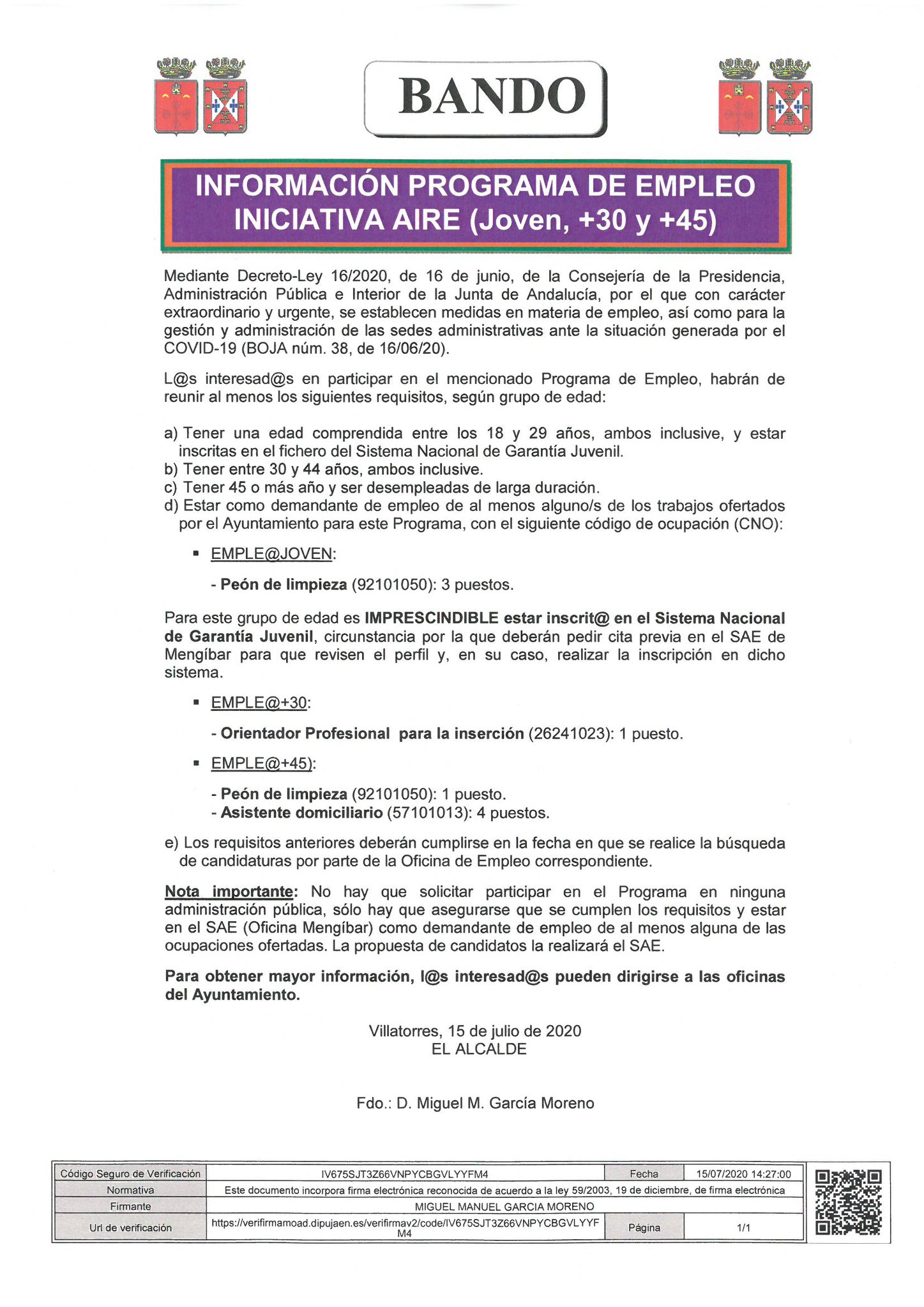 Programa de Empleo AIRE de la Junta de Andalucía