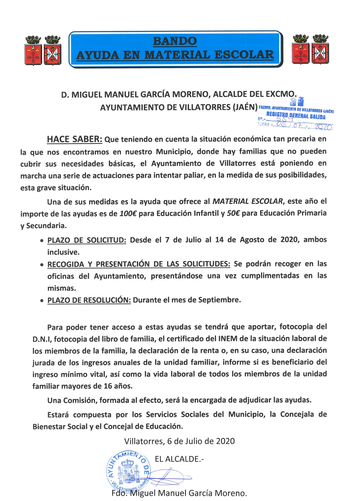 Bando sobre ayuda para material escolar