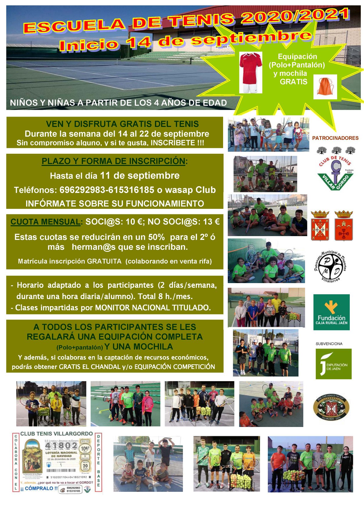 Abierto el plazo de inscripción a la Escuela de Tenis curso 2020/21