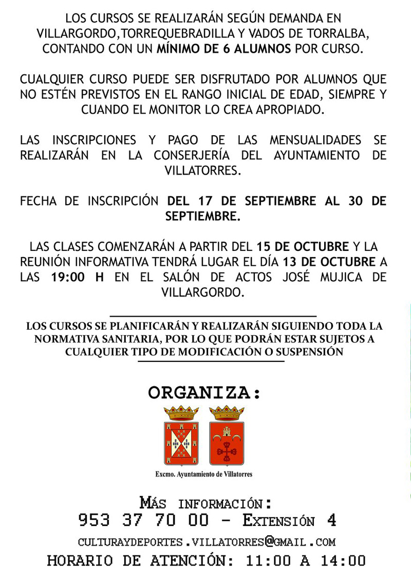 El Ayto. de Villatorres presenta los cursos municipales 2020/2021