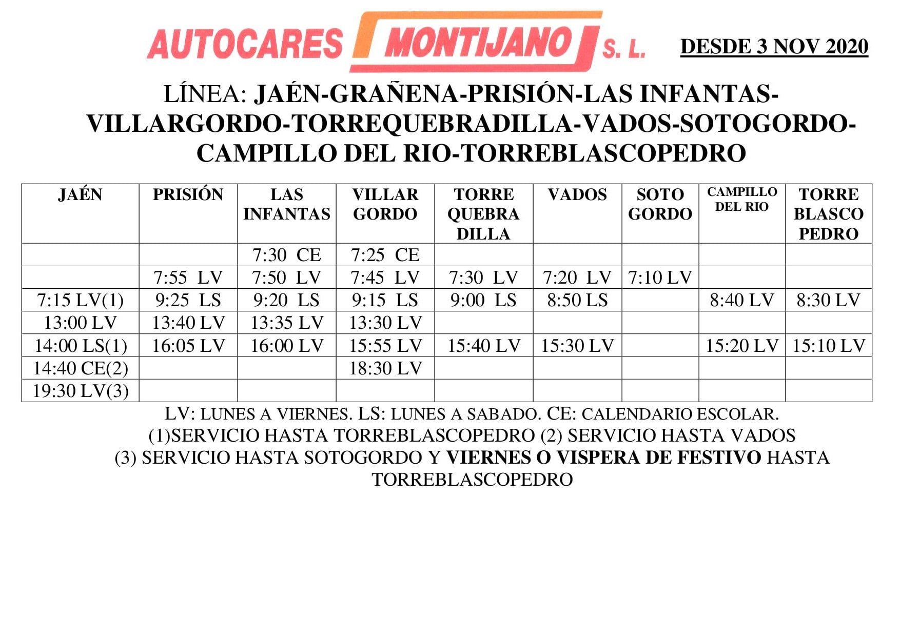 Horario de autobuses desde el 3 de Noviembre hasta nuevo aviso