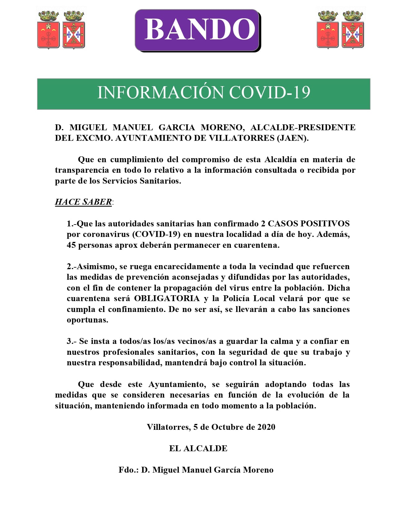Bando Información Covid