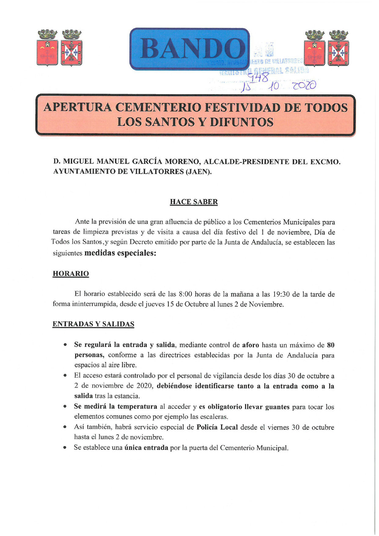 El Ayto. de Villatorres publica bando sobre la apertura del cementerio