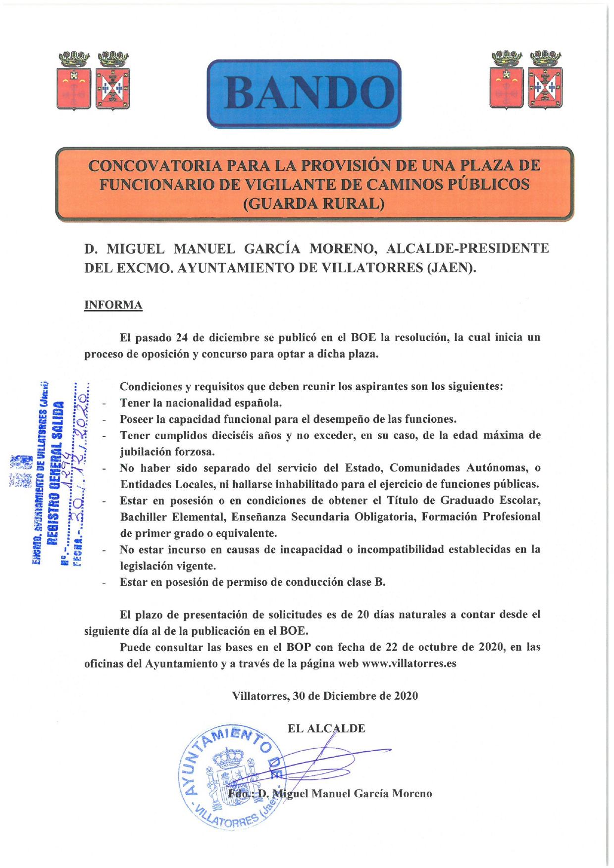 Abierto el plazo de inscripción para Convocatoria de una plaza de funcionario de Vigilante de Caminos