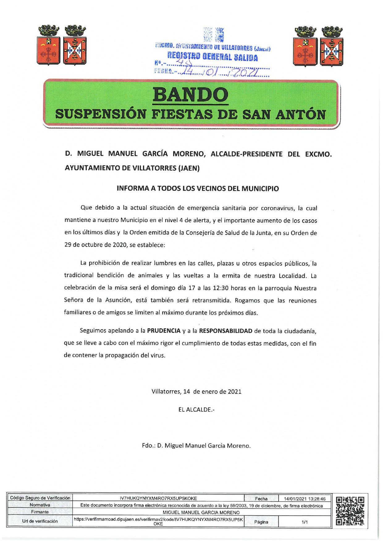 Bando Suspensión Fiestas de San Antón