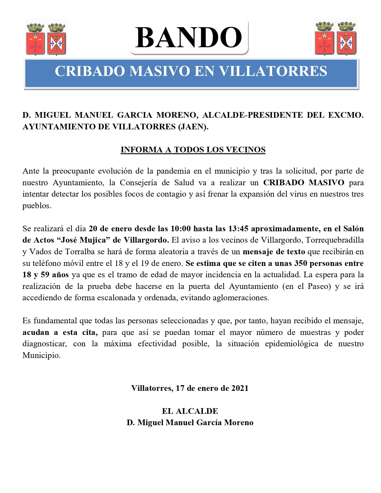 Cribado Masivo en Villatorres