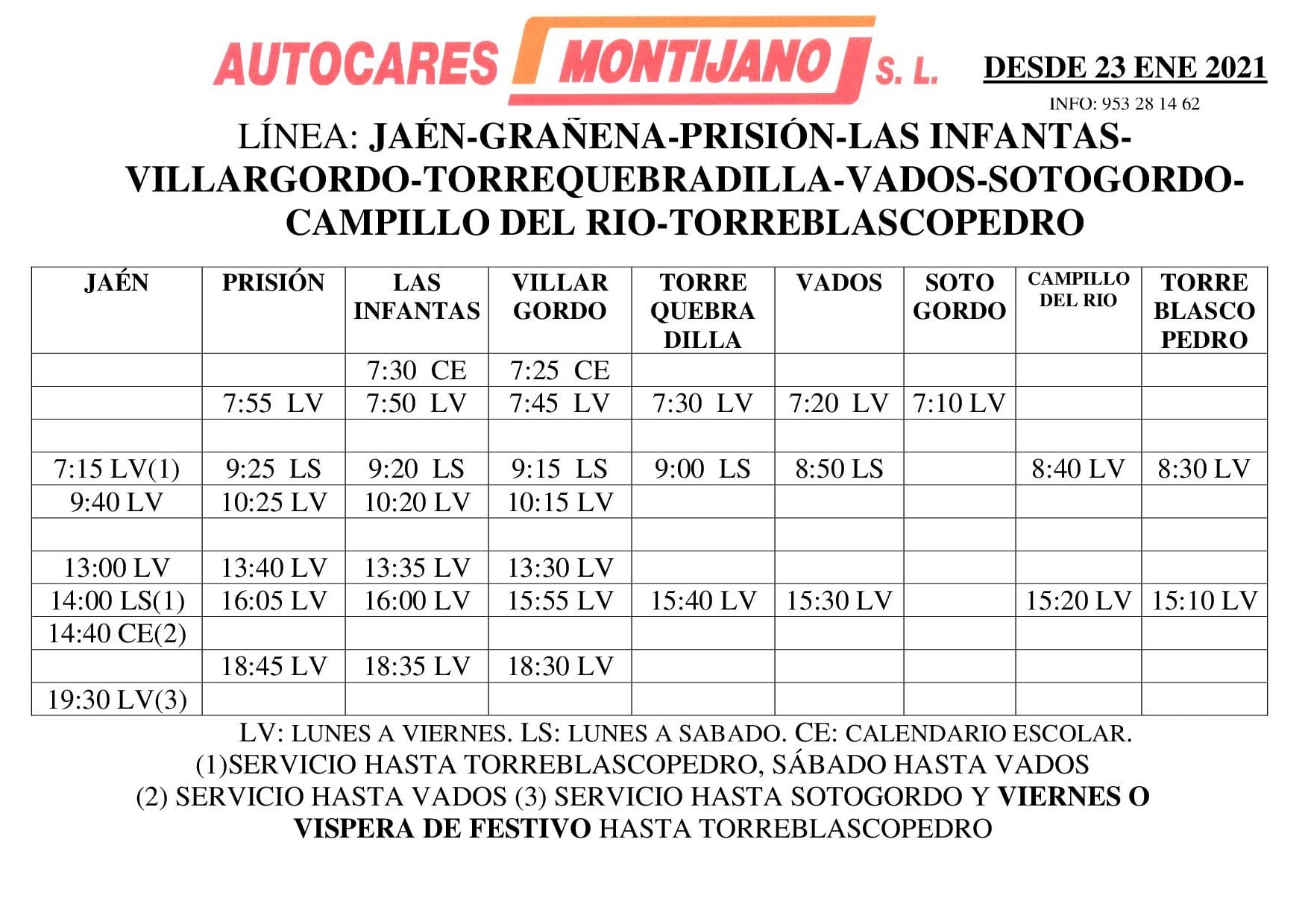 Horario de Autobuses a partir del 23 de enero