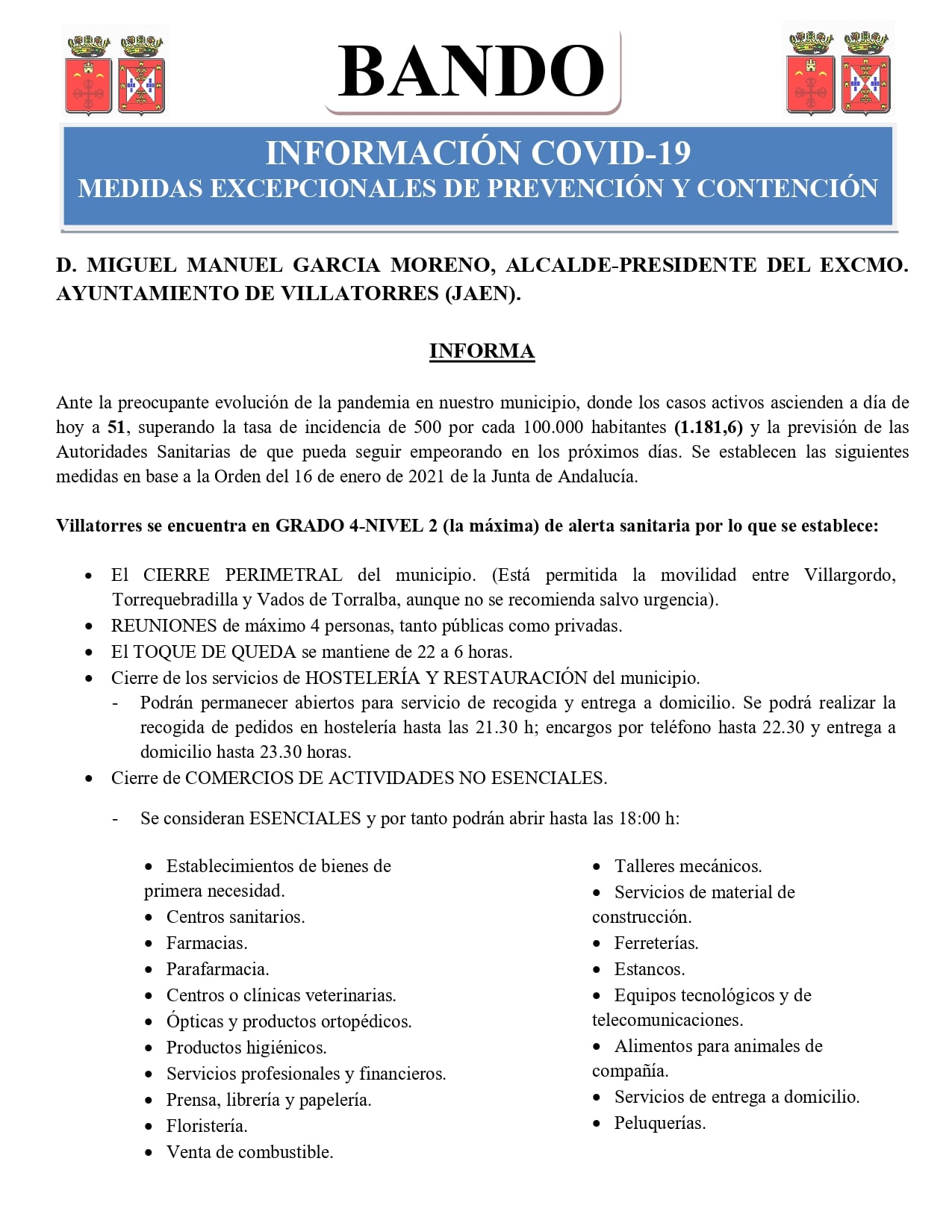 Bando del Ayuntamiento sobre medidas de contención del COVID-19