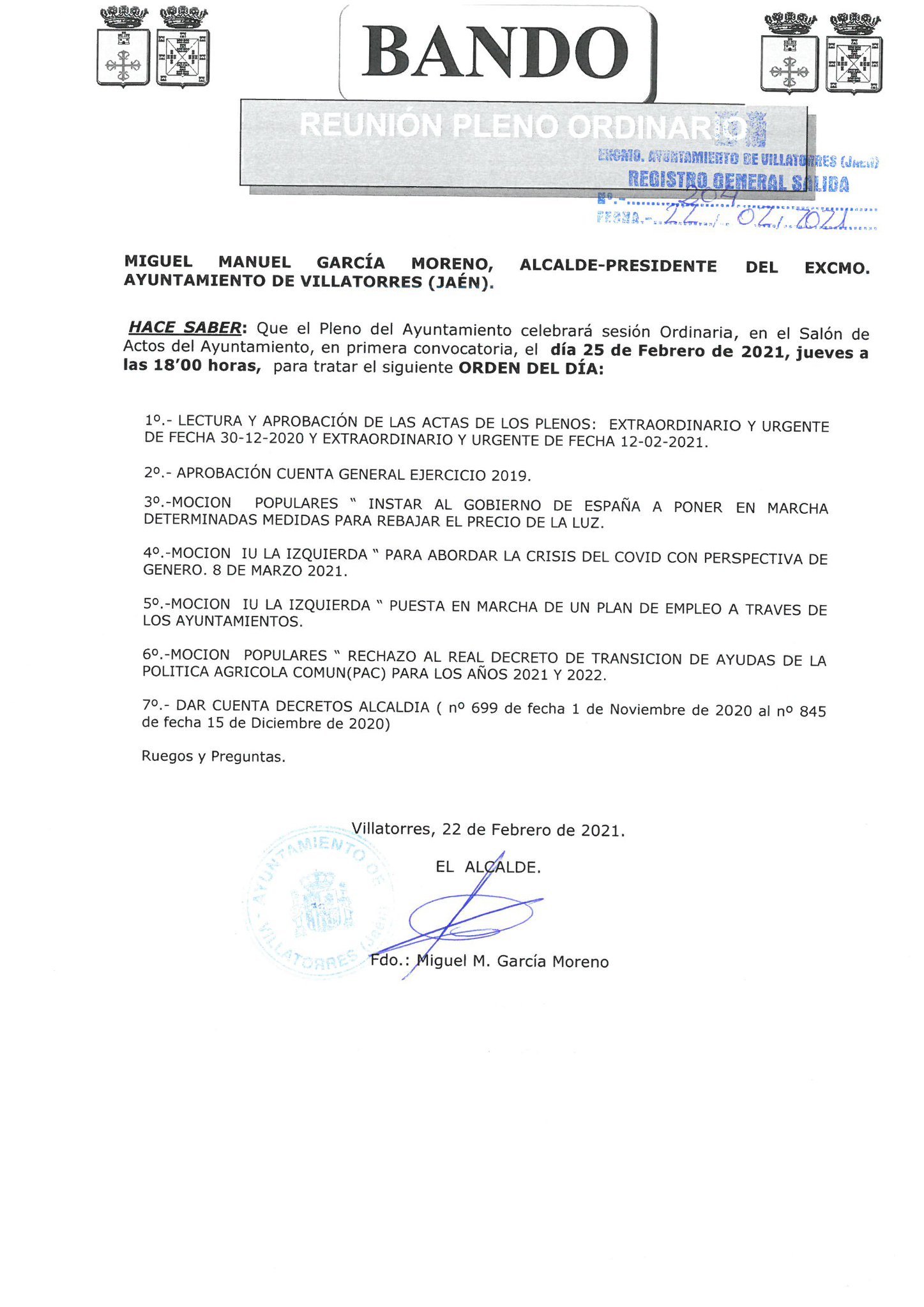 Convocatoria de Pleno ordinario Febrero 2021