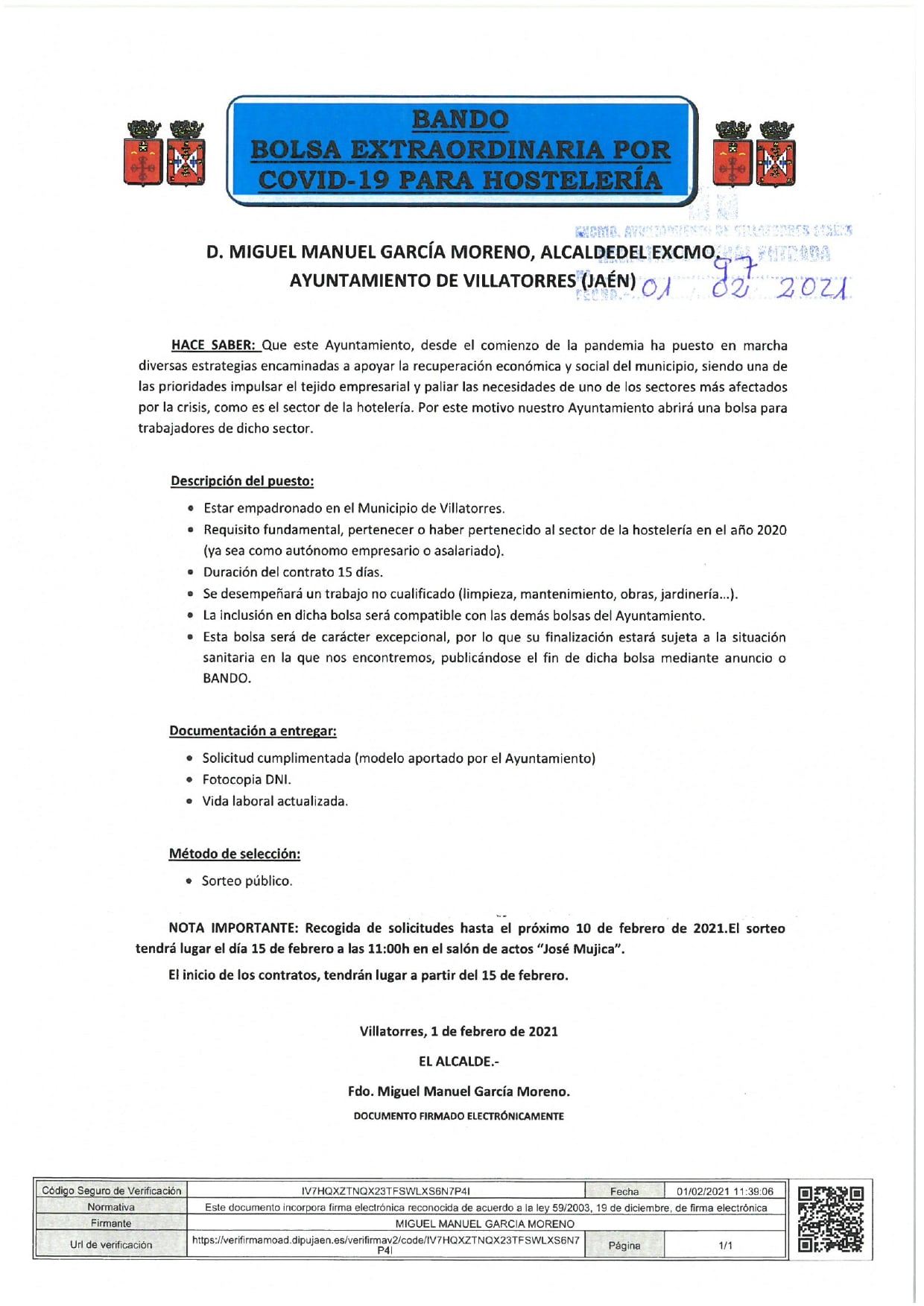 El Ayto. de Villatorres publica bando sobre Bolsa extraordinaria por COVID-19 de hostelería