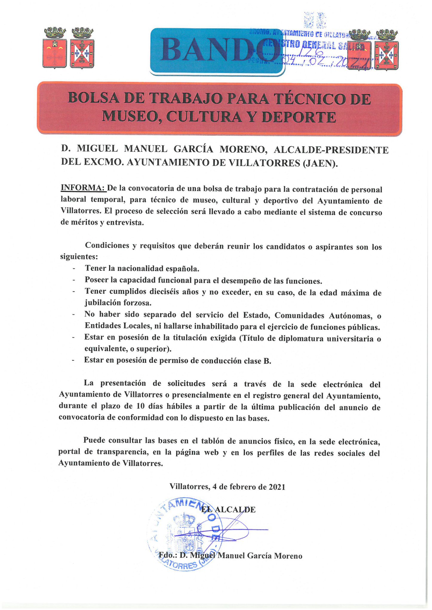 Bolsa de Trabajo para Técnico de Museo, Cultura y Deporte