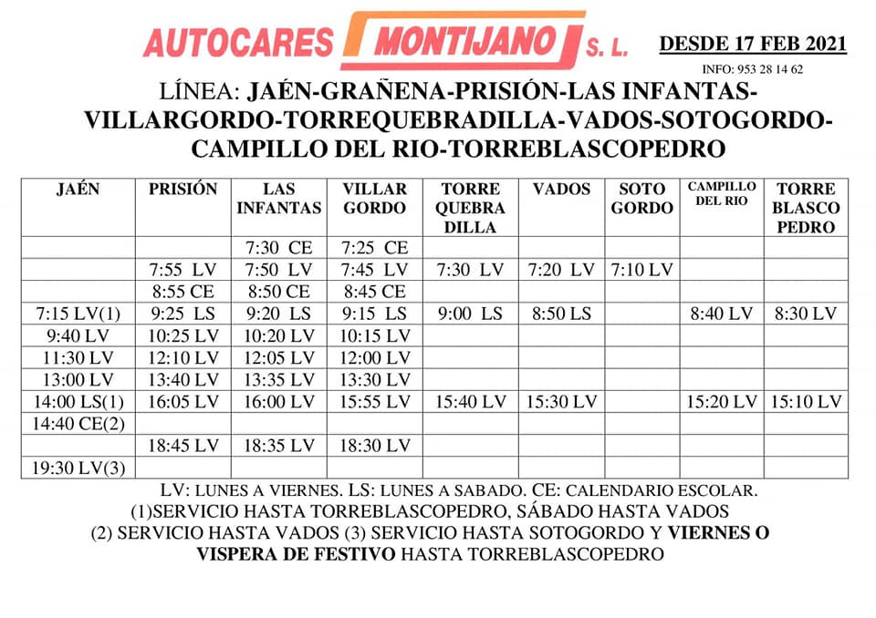 Nuevo horario de autobuses en Villatorres desde el 17 de febrero