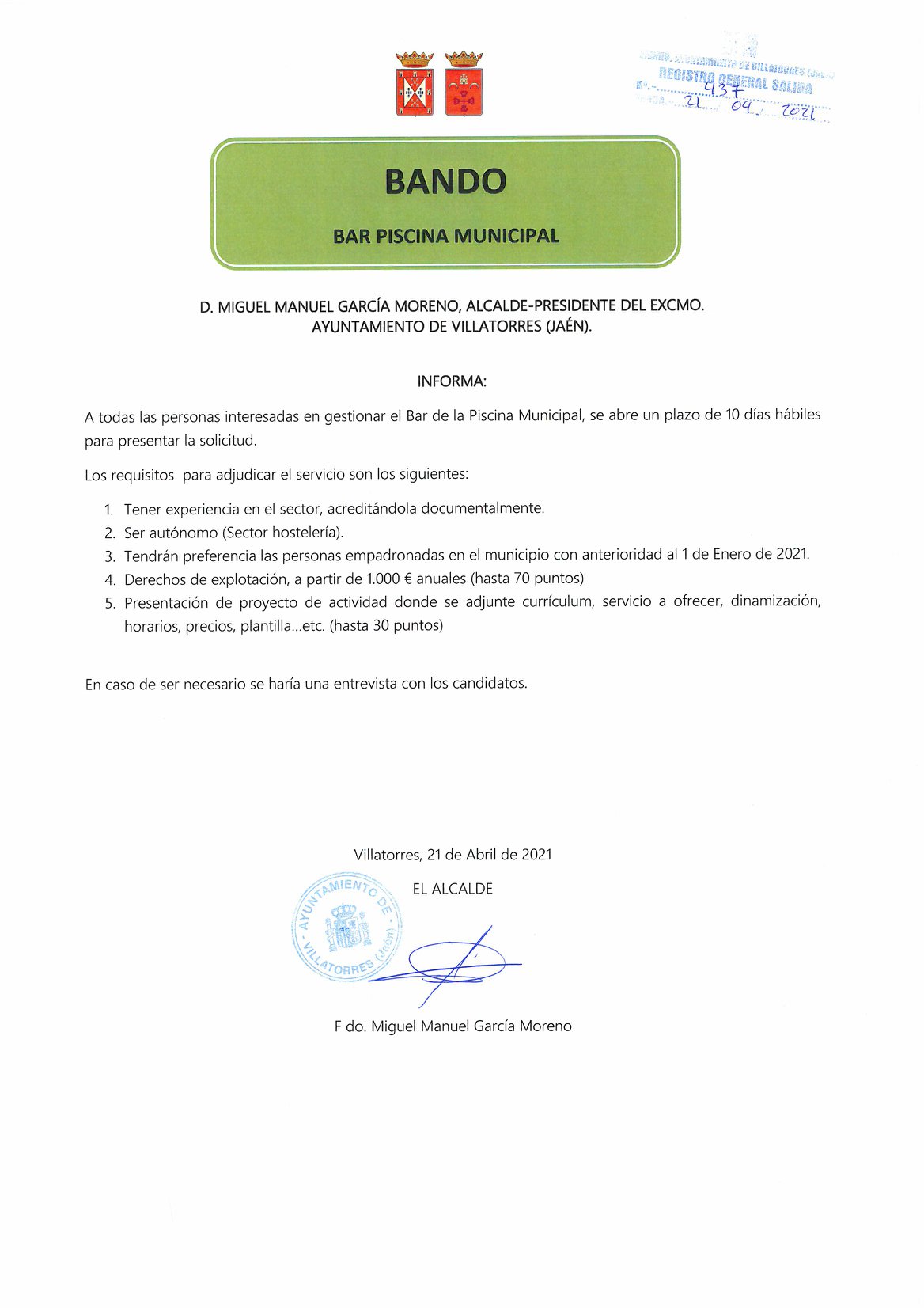 El Ayto. de Villatorres publica bando sobre el bar de la piscina municipal