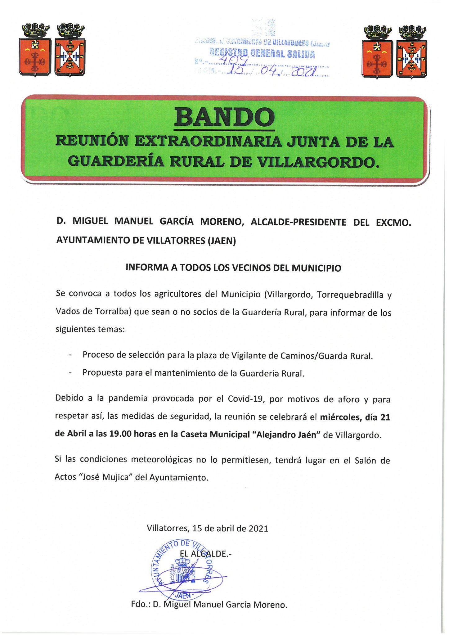 Reunión Extraordinaria Junta de la Guardería Rural