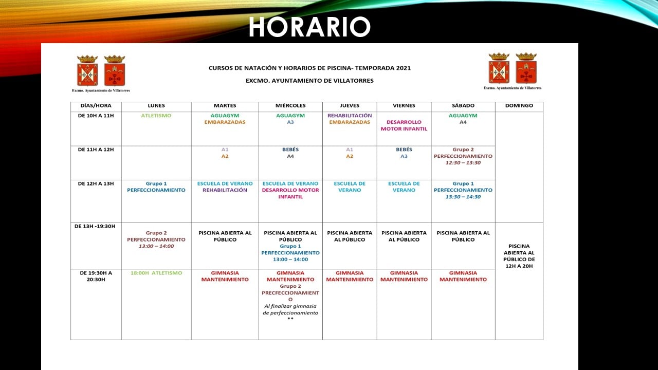 Horario de cursos de natación y de piscina