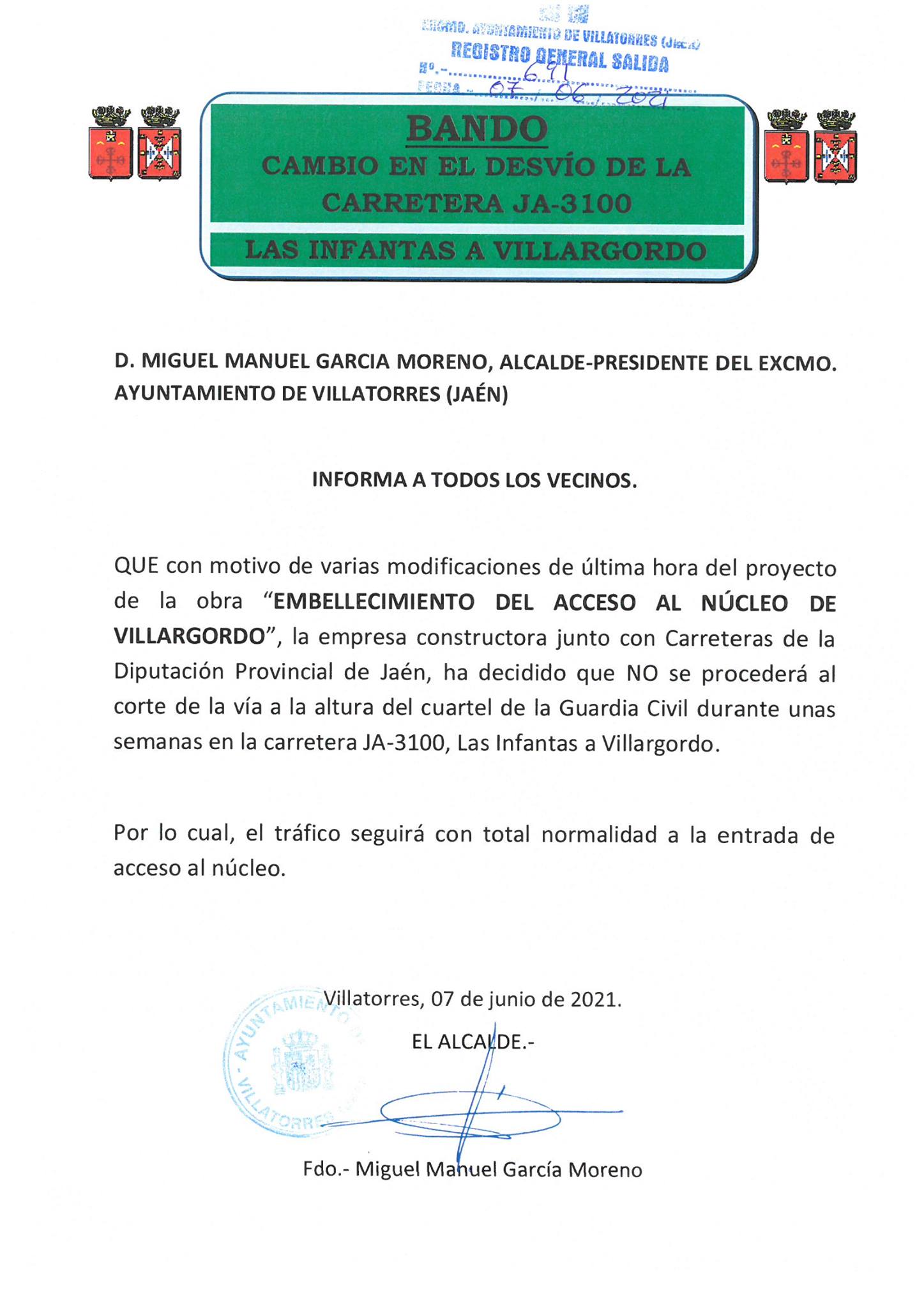 Cambio en el desvío de la carretera JA-3100 Las Infantas a Villargordo