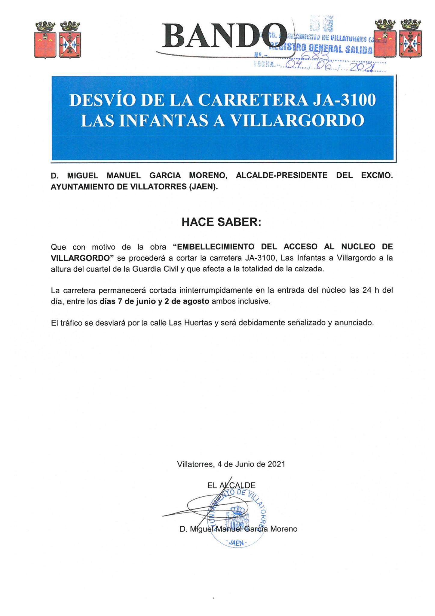 Desvío de la carretera JA-3100 Las Infantas a Villargordo 