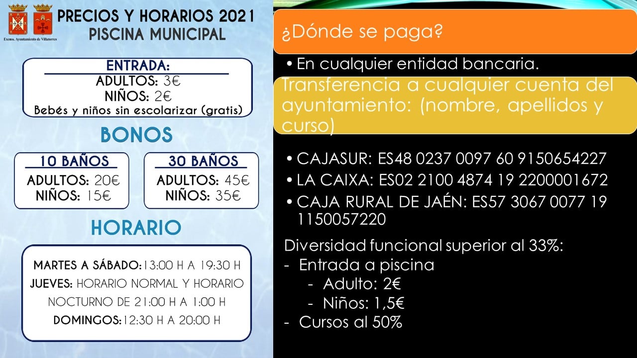 Precios piscina y pago de cursos de natación