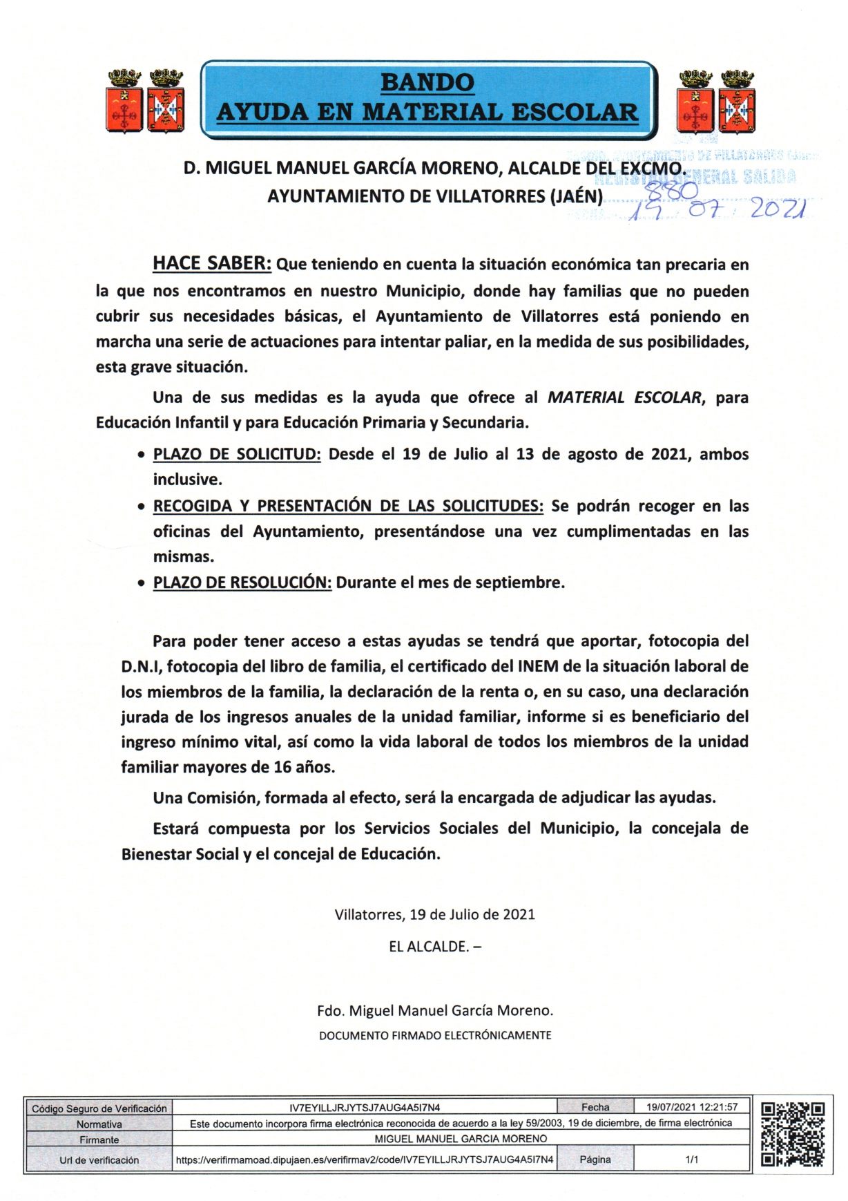 Bando Ayuda para material escolar