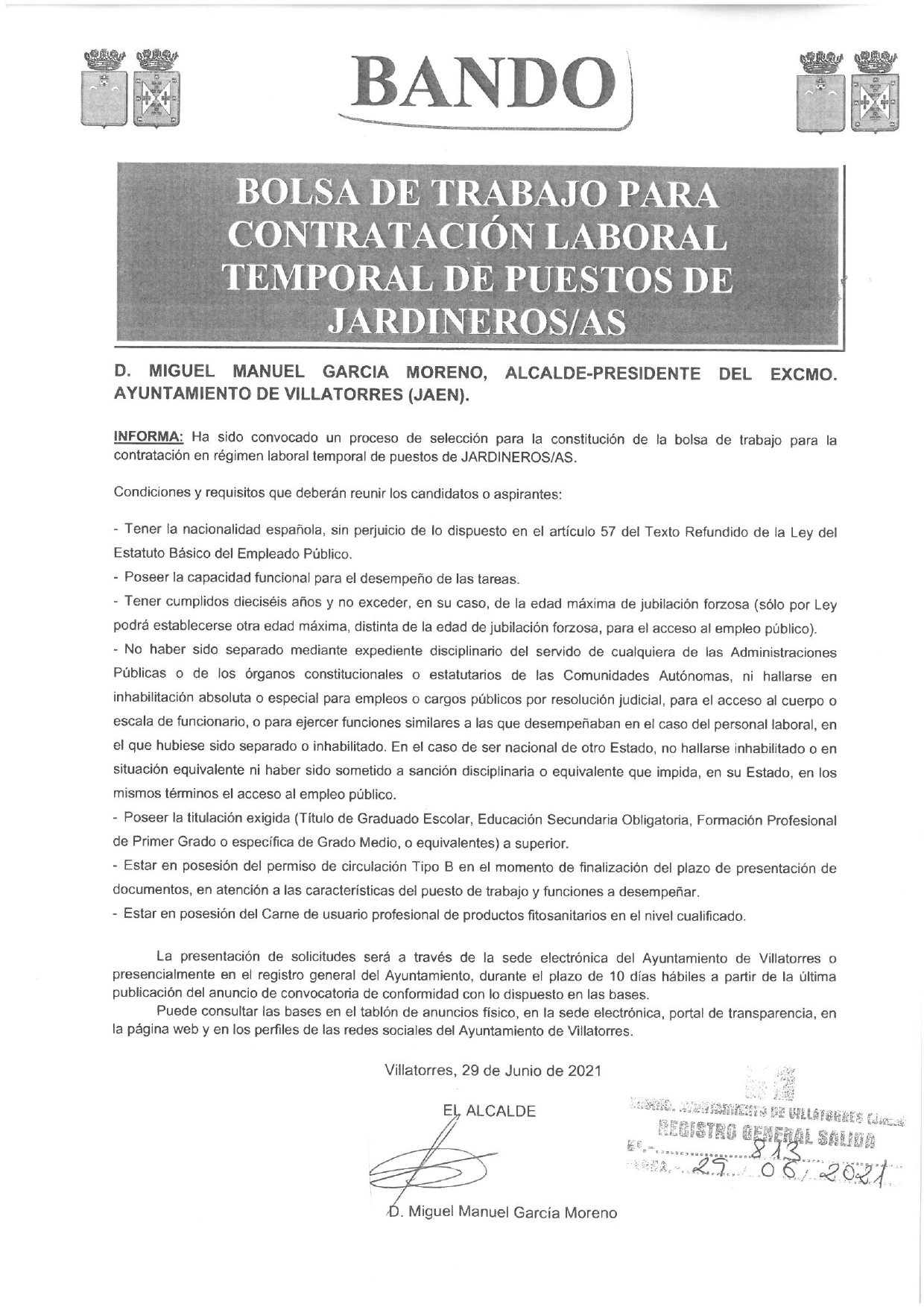 Bolsa de Trabajo para contratación laboral temporal de jardiner@s