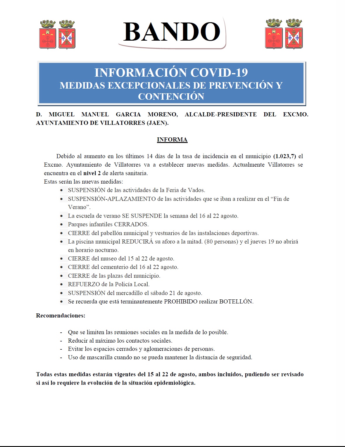 Bando sobre medidas excepcionales de prevención y contención del Covid-19