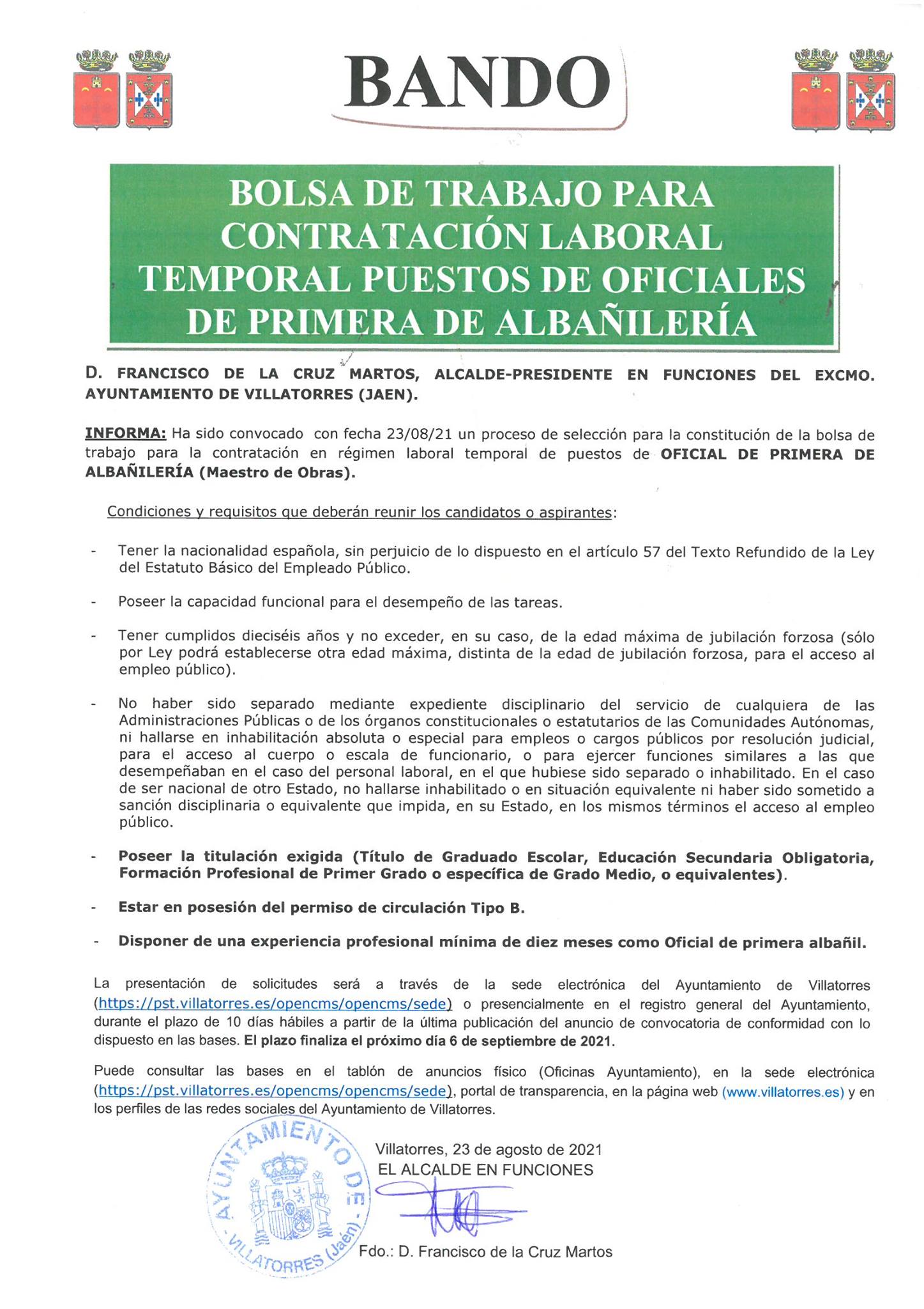 Bolsa de trabajo de Oficial de Albañilería