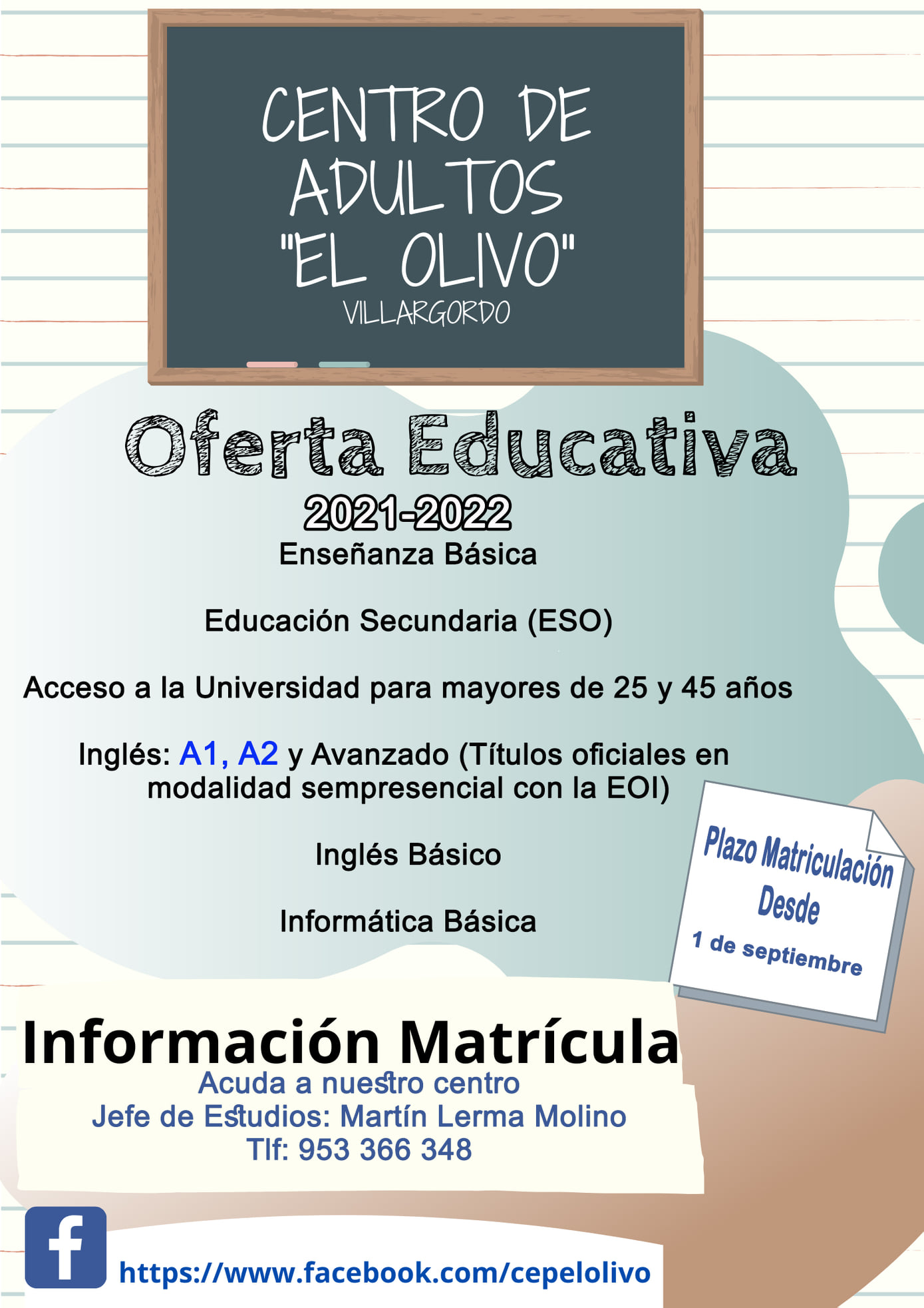 Abierto el plazo de matriculación al Centro de Adultos "El olivo" curso 2021/2022