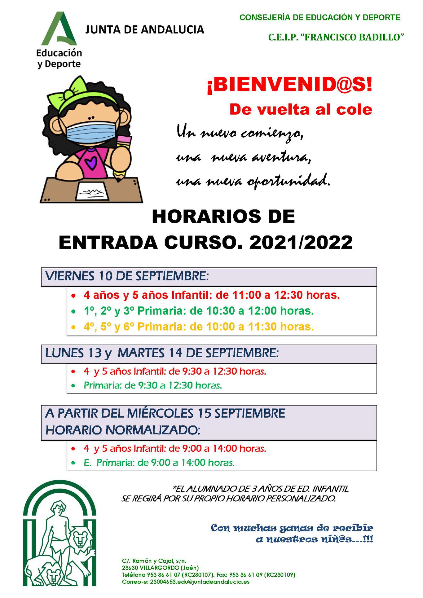 Horario de entrada al curso 2021/22 del C.E.I.P Francisco Badillo