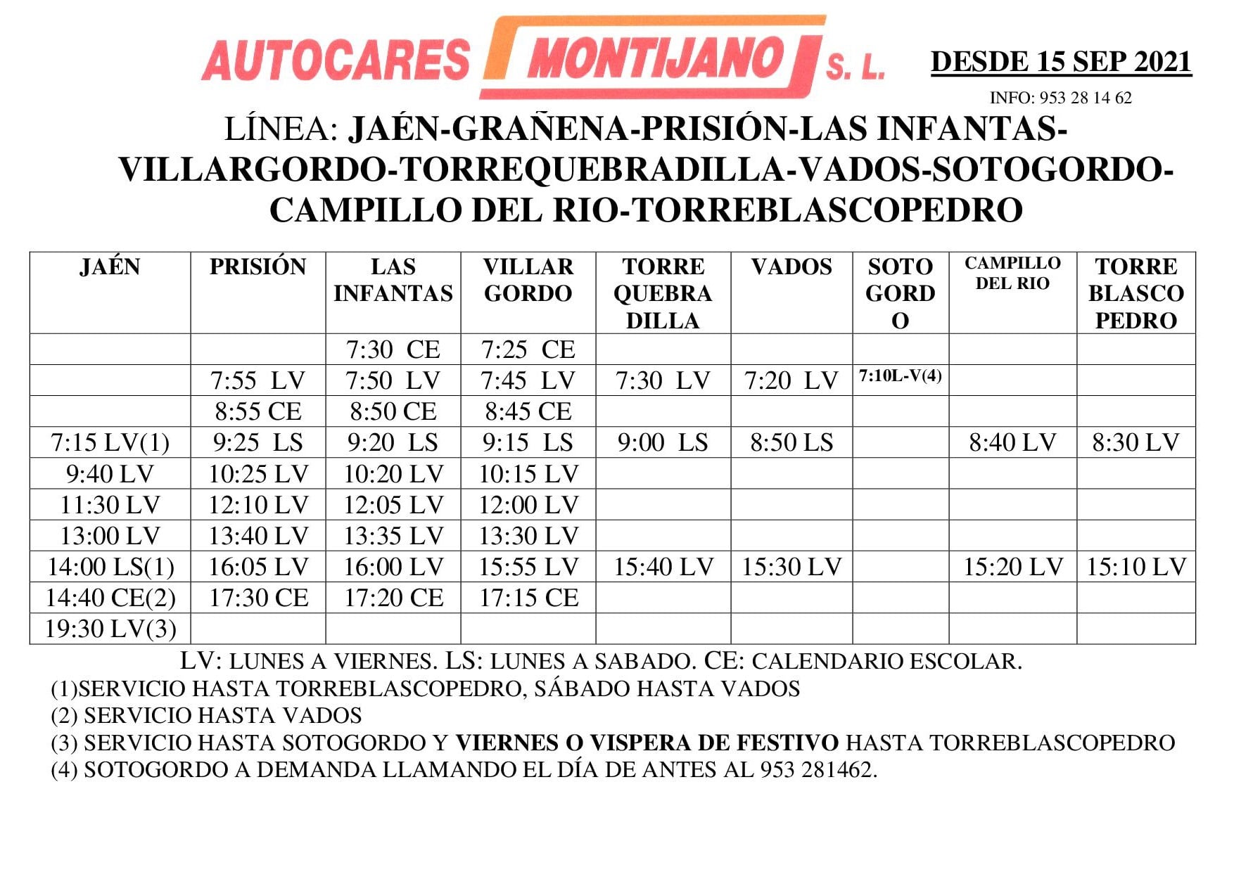 Nuevos horarios Autocares Montijano Septiembre