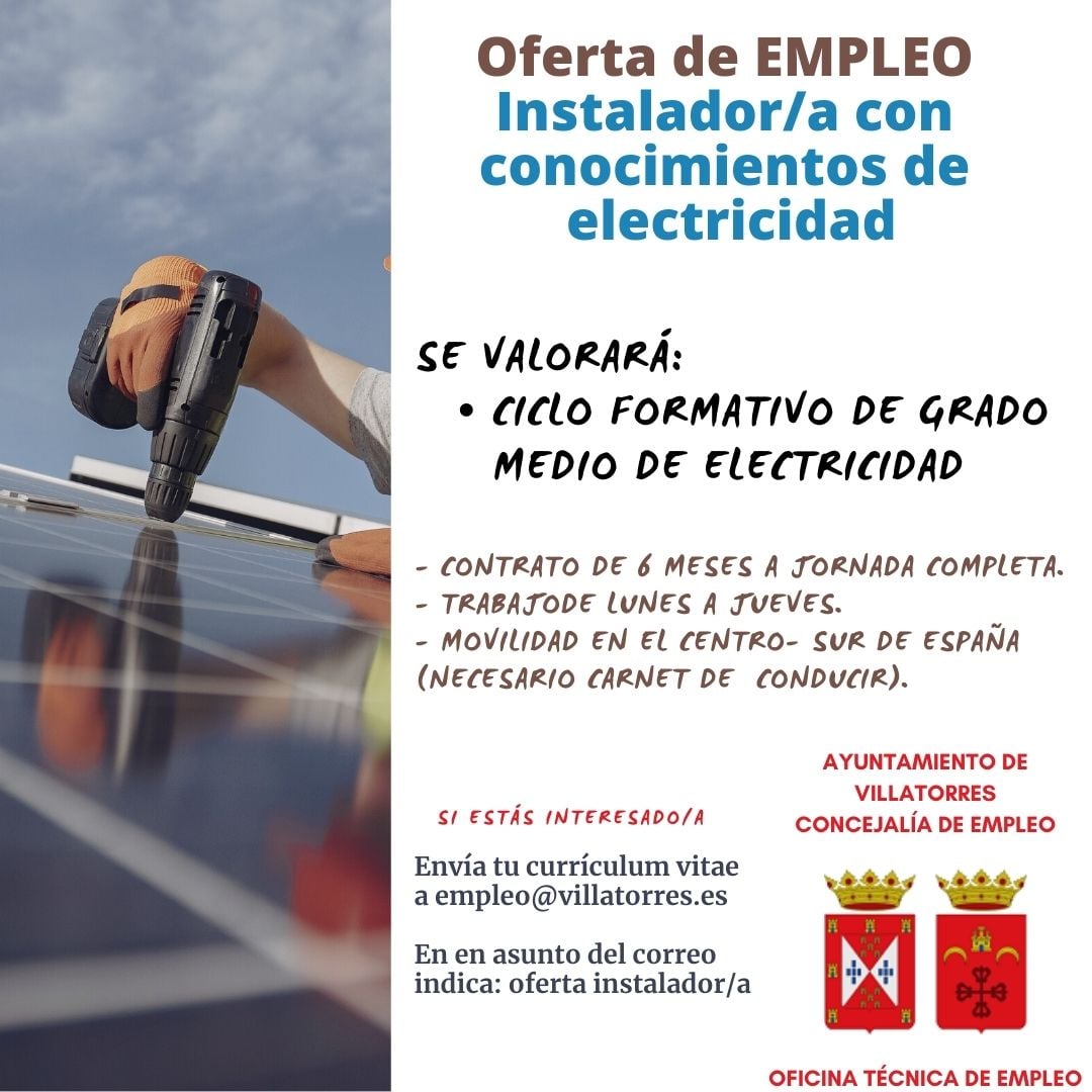 Oferta de Empleo de Instalador/a de con conocimientos de electricidad