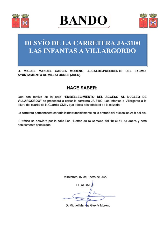 Desvío de la Carretera JA-3100 Las Infantas a Villargordo