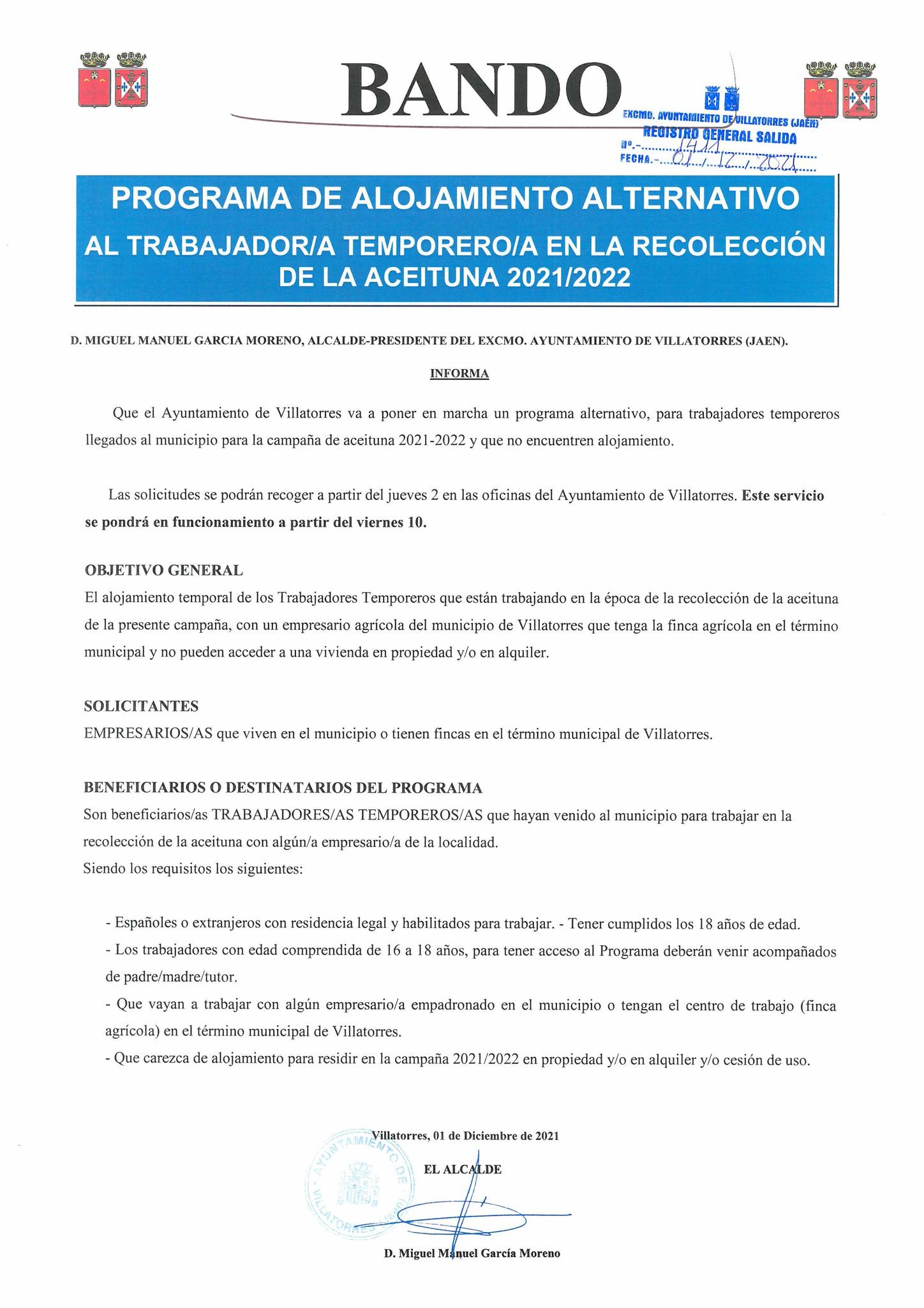 Programa de Alojamiento alternativo al trabajador/a temporero/a en la recolección de la aceituna 2021/2022