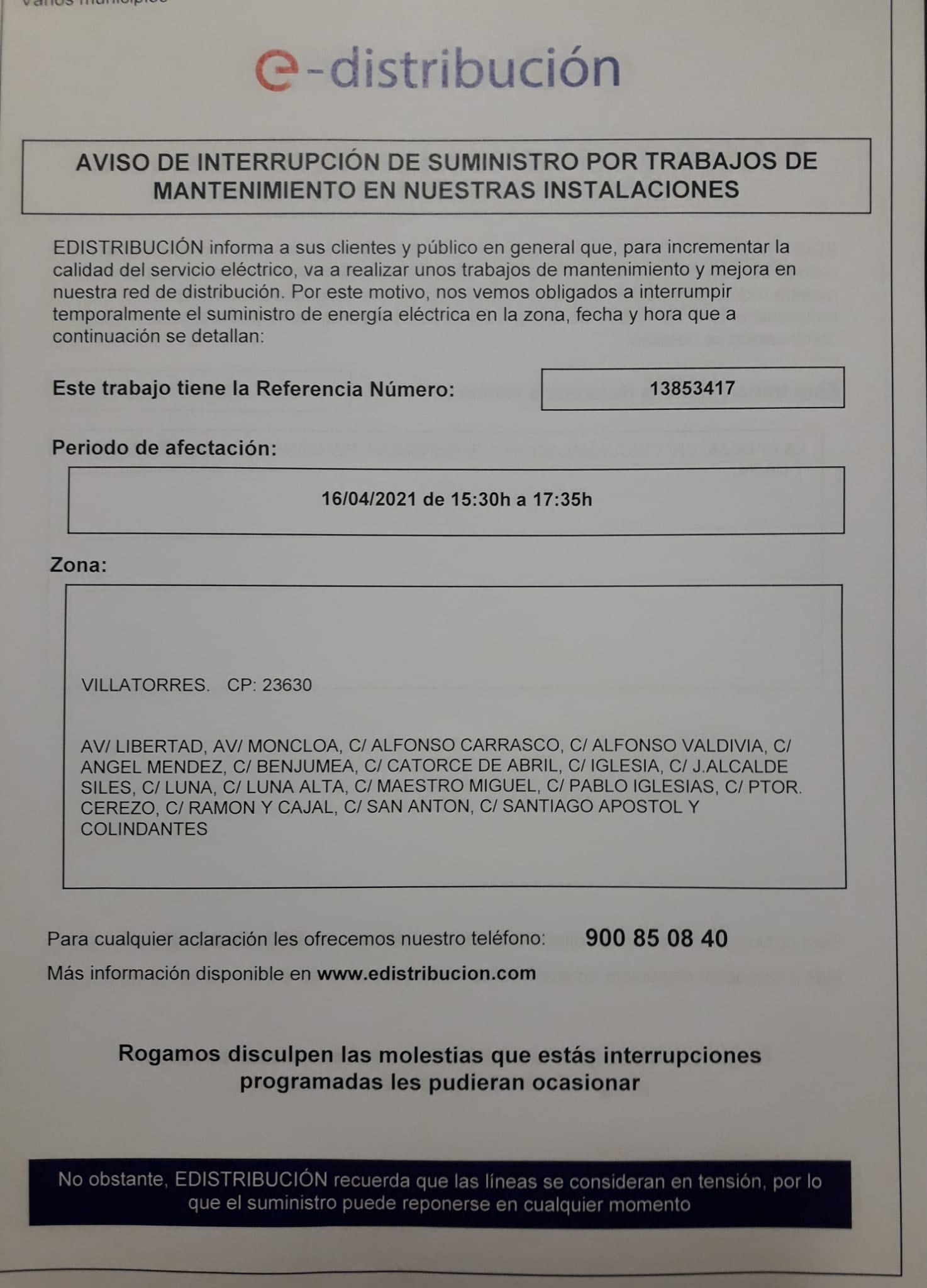 Cortes de luz en algunas calles el viernes 16 de abril de 2021