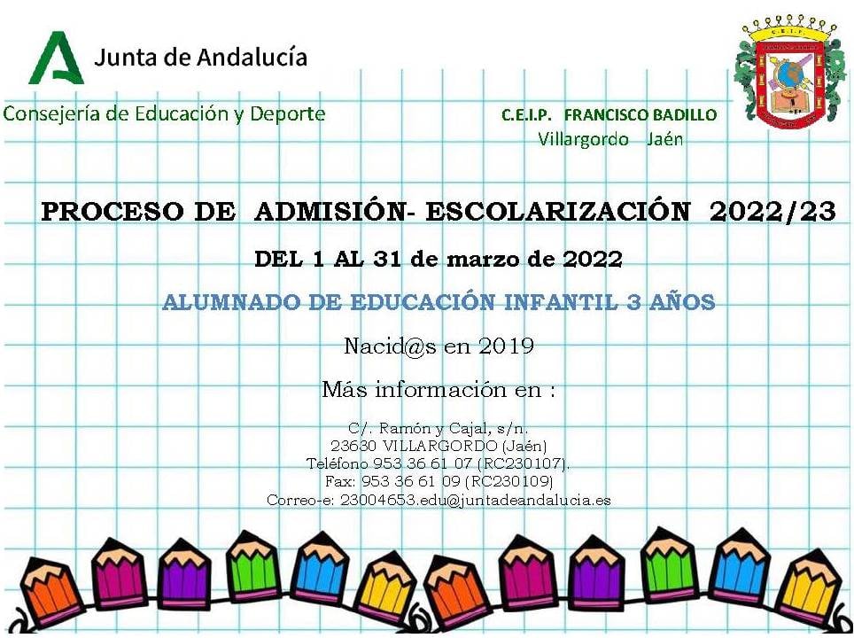 Proceso de admisión - Escolarización 2022-2023 C.E.I.P. Francisco Badillo