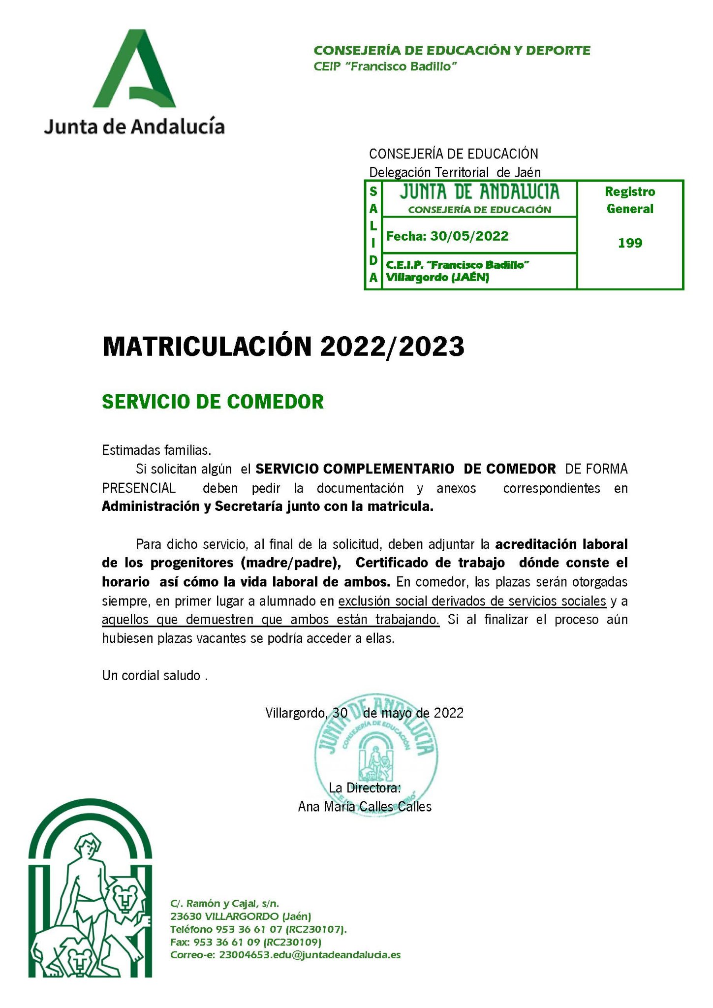 Matriculación en el Servicio de Comedor del C.E.I.P Francisco Badillo