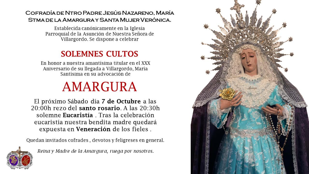 Solemnes cultos en honor a la Virgen de la Amargura