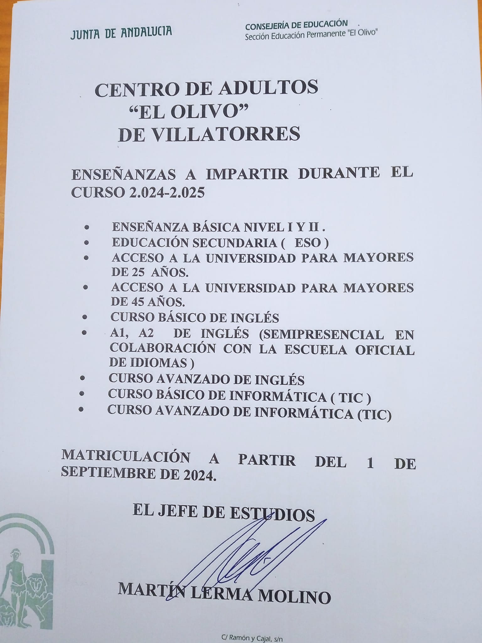 bierto el plazo de matriculación al Centro de Adultos "El olivo"